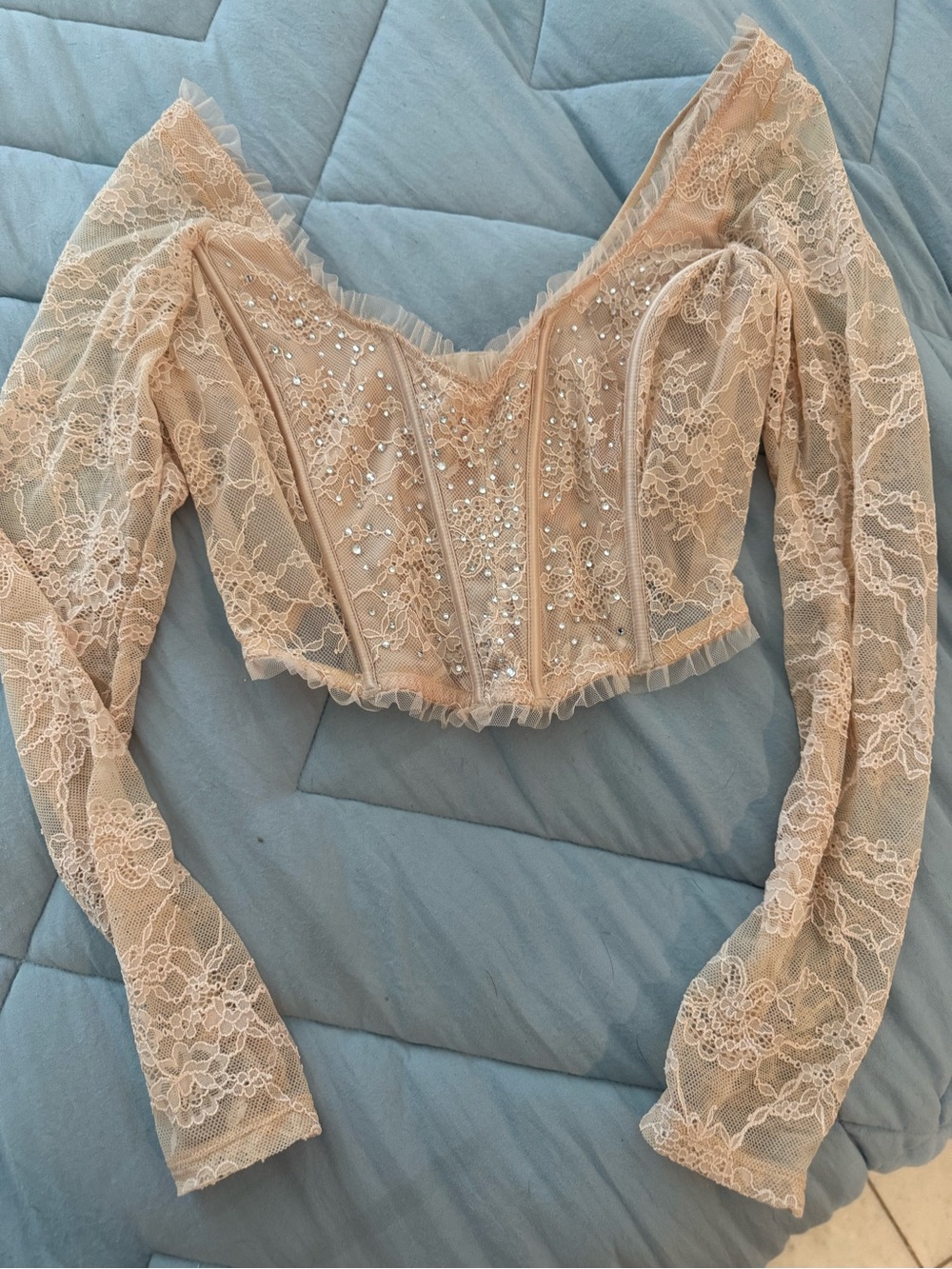 Victoria's Secret Blush Lace Crystal-Embellished Long Sleeve Crop Top